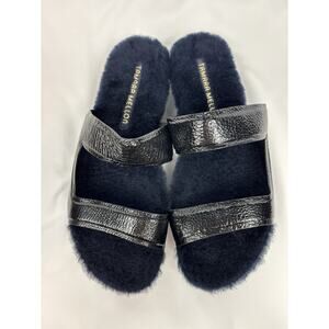 Tamara Mellon Roam Sandals Black Patent Leather Faux Fur Lined Size 38 Lug Sole